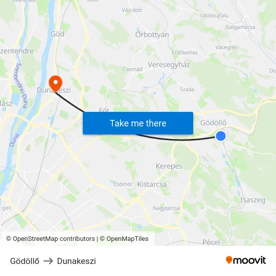 Gödöllő to Dunakeszi map