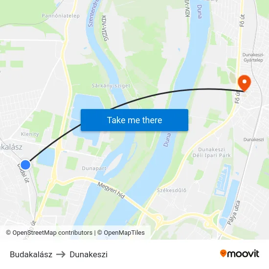 Budakalász to Dunakeszi map