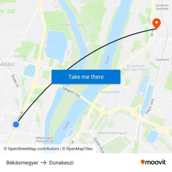 Békásmegyer to Dunakeszi map