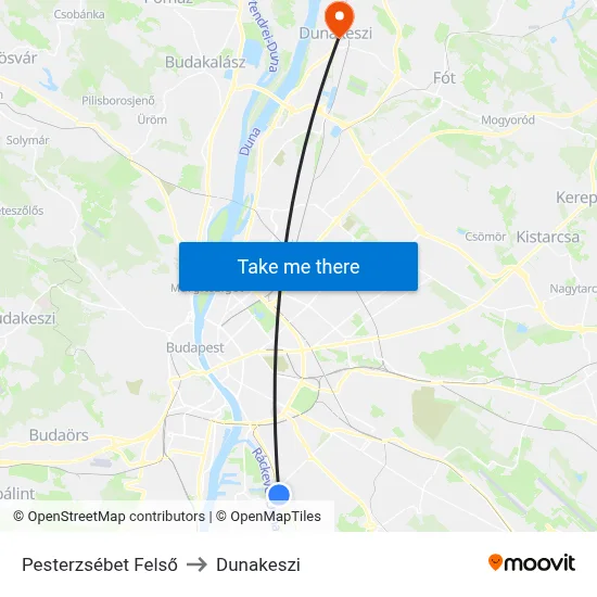 Pesterzsébet Felső to Dunakeszi map