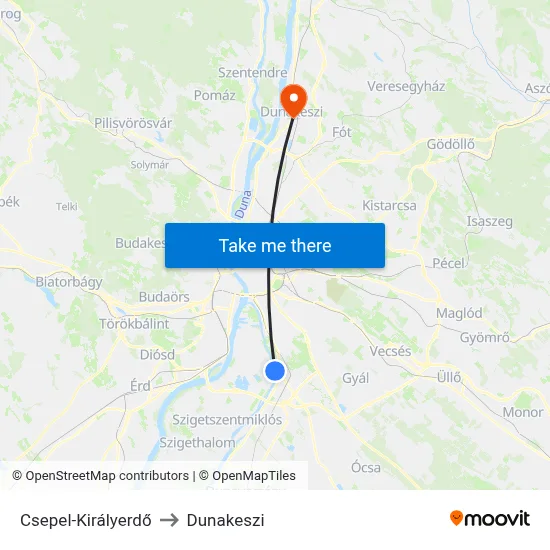 Csepel-Királyerdő to Dunakeszi map