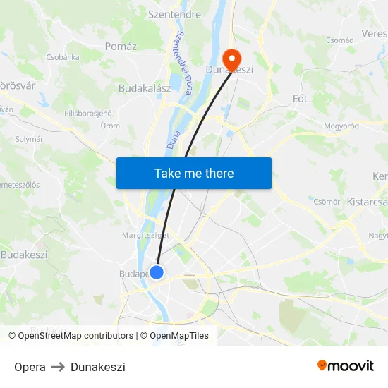Opera to Dunakeszi map