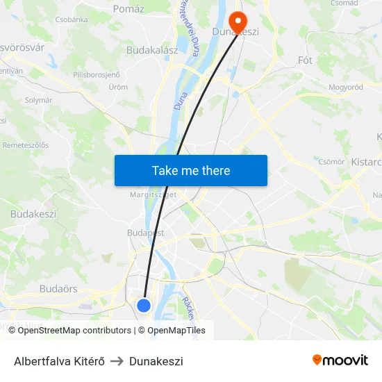 Albertfalva Kitérő to Dunakeszi map