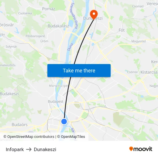 Infopark to Dunakeszi map