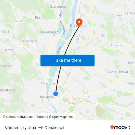 Vörösmarty Utca to Dunakeszi map