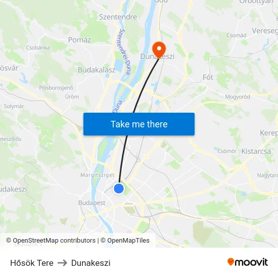 Hősök Tere to Dunakeszi map