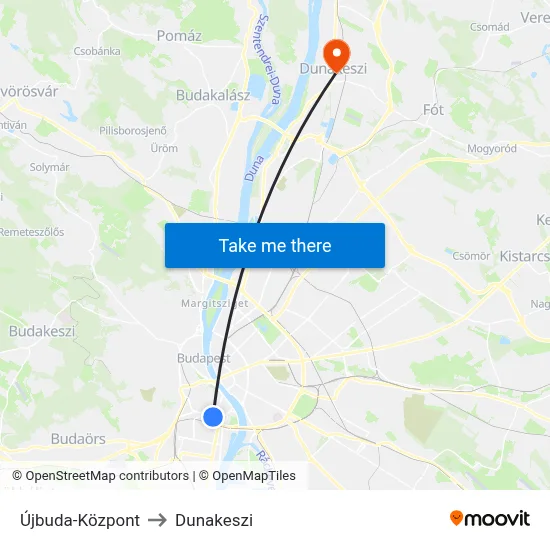 Újbuda-Központ to Dunakeszi map