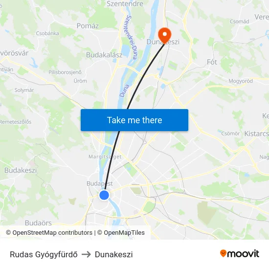 Rudas Gyógyfürdő to Dunakeszi map