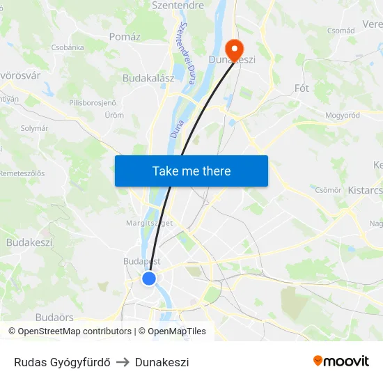Rudas Gyógyfürdő to Dunakeszi map