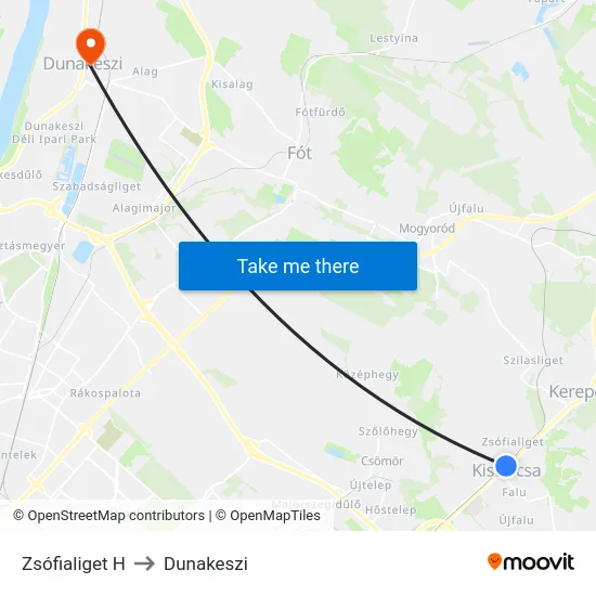Zsófialiget H to Dunakeszi map