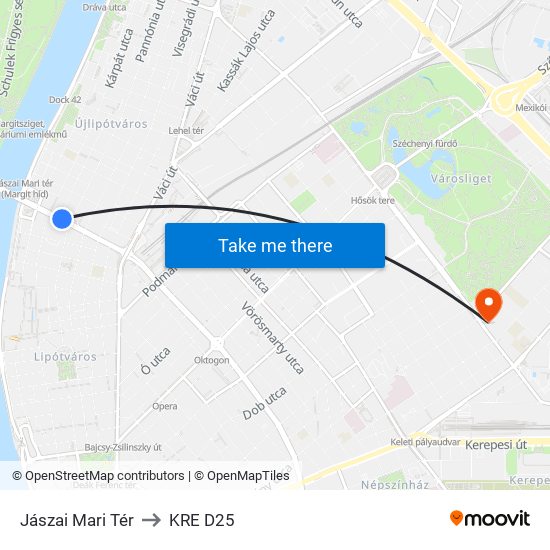 Jászai Mari Tér to KRE D25 map