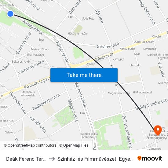 Deák Ferenc Tér M to Színház- és Filmművészeti Egyetem map