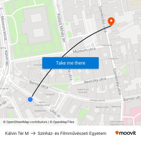 Kálvin Tér M to Színház- és Filmművészeti Egyetem map