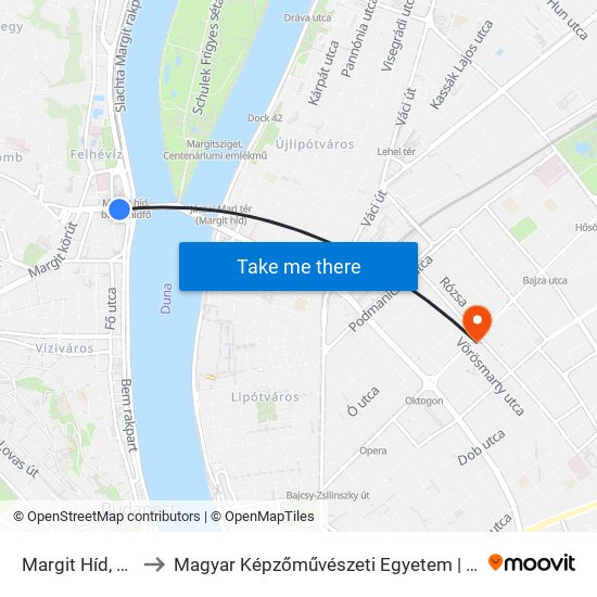 Margit Híd, Budai Hídfő H to Magyar Képzőművészeti Egyetem | Hungarian University of Fine Arts map