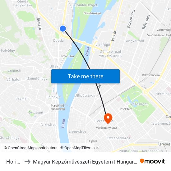 Flórián Tér to Magyar Képzőművészeti Egyetem | Hungarian University of Fine Arts map