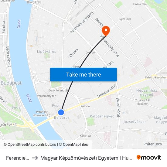 Ferenciek Tere M to Magyar Képzőművészeti Egyetem | Hungarian University of Fine Arts map