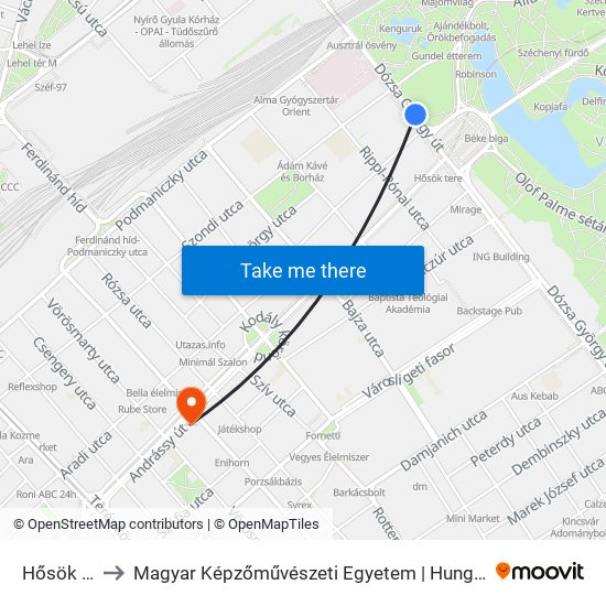 Hősök Tere M to Magyar Képzőművészeti Egyetem | Hungarian University of Fine Arts map