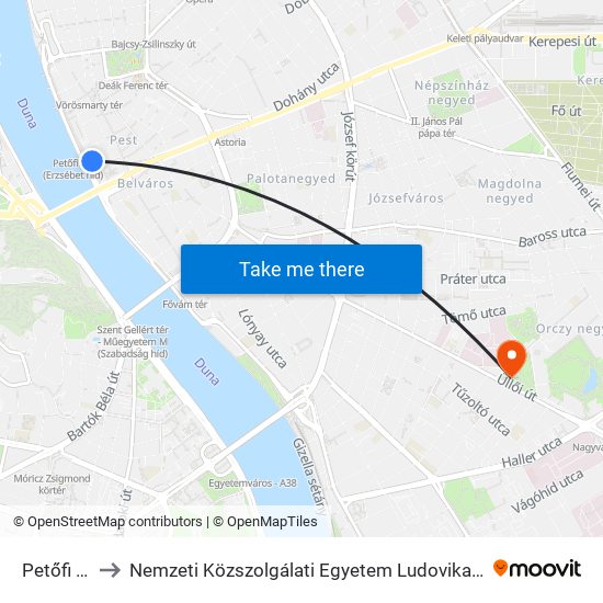 Petőfi Tér to Nemzeti Közszolgálati Egyetem Ludovika Campus map