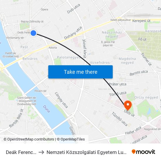 Deák Ferenc Tér M to Nemzeti Közszolgálati Egyetem Ludovika Campus map