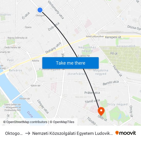 Oktogon M to Nemzeti Közszolgálati Egyetem Ludovika Campus map