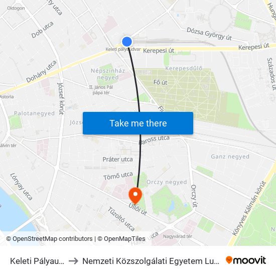 Keleti Pályaudvar M to Nemzeti Közszolgálati Egyetem Ludovika Campus map