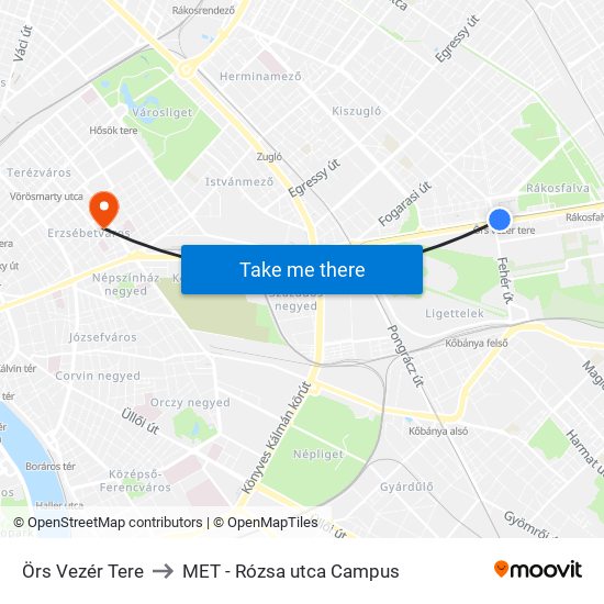 Örs Vezér Tere to MET - Rózsa utca Campus map