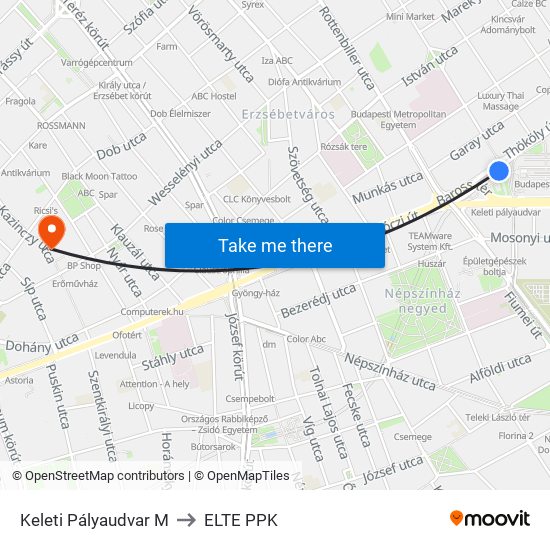 Keleti Pályaudvar M to ELTE PPK map