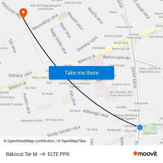 Rákóczi Tér M to ELTE PPK map