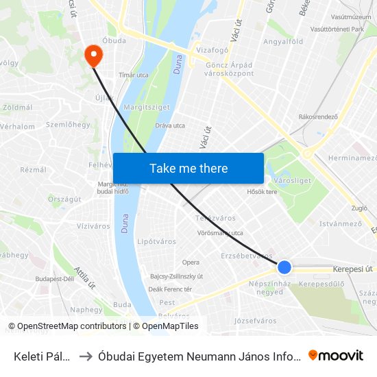 Keleti Pályaudvar to Óbudai Egyetem Neumann János Informatikai Kar -  BA ép. map