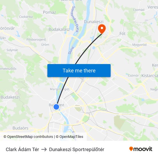 Clark Ádám Tér to Dunakeszi Sportrepülőtér map