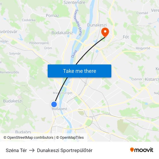 Széna Tér to Dunakeszi Sportrepülőtér map