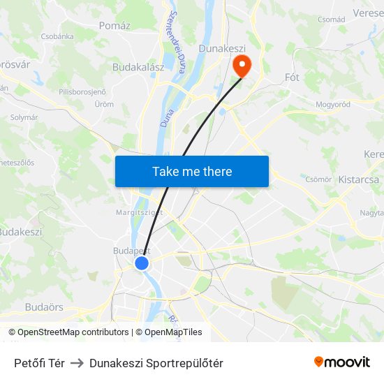 Petőfi Tér to Dunakeszi Sportrepülőtér map