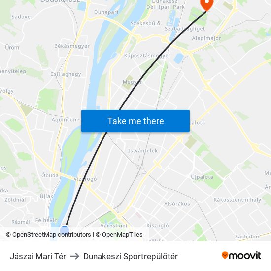Jászai Mari Tér to Dunakeszi Sportrepülőtér map