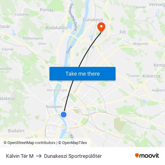 Kálvin Tér M to Dunakeszi Sportrepülőtér map