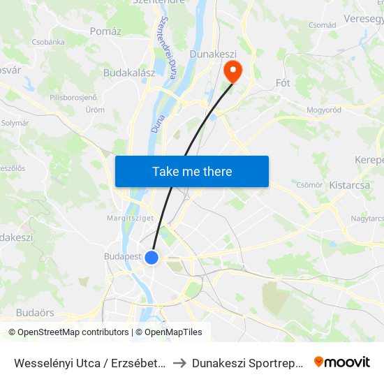 Wesselényi Utca / Erzsébet Körút to Dunakeszi Sportrepülőtér map
