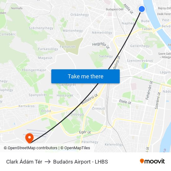 Clark Ádám Tér to Budaörs Airport - LHBS map