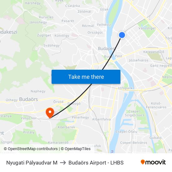 Nyugati Pályaudvar M to Budaörs Airport - LHBS map
