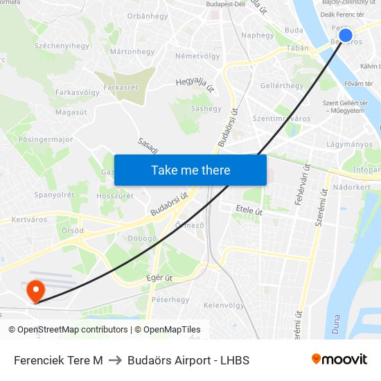 Ferenciek Tere M to Budaörs Airport - LHBS map