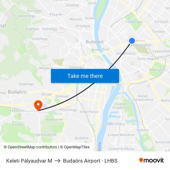 Keleti Pályaudvar M to Budaörs Airport - LHBS map