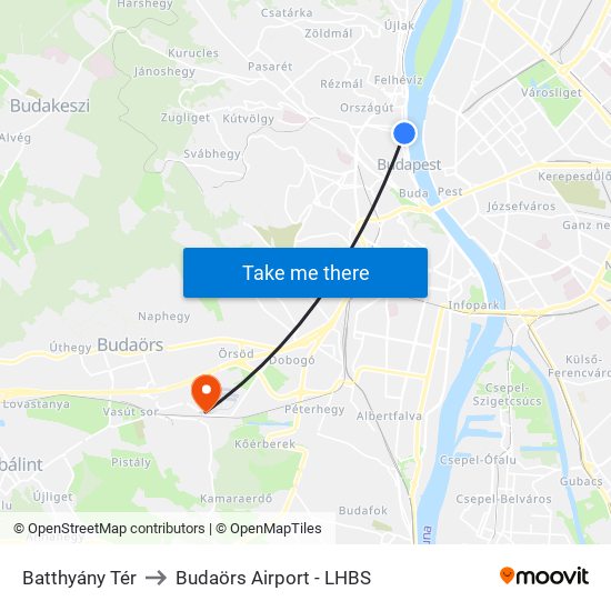 Batthyány Tér to Budaörs Airport - LHBS map