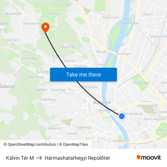 Kálvin Tér M to Hármashatárhegyi Repülőtér map
