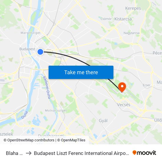 Blaha Lujza Tér M to Budapest Liszt Ferenc International Airport (BUD) (Budapest Liszt Ferenc nemzetközi repülőtér) map