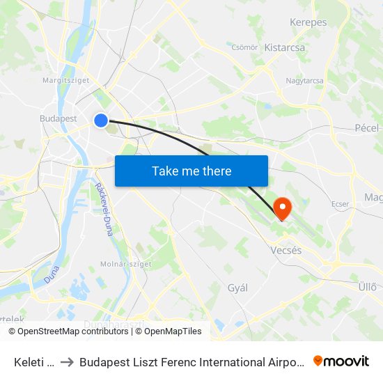 Keleti Pályaudvar to Budapest Liszt Ferenc International Airport (BUD) (Budapest Liszt Ferenc nemzetközi repülőtér) map