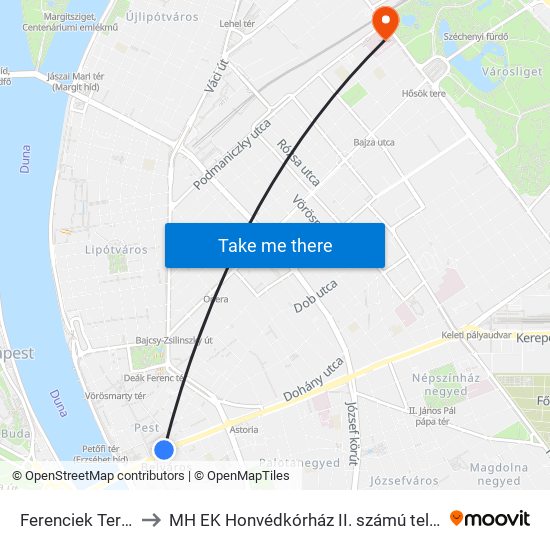 Ferenciek Tere M to MH EK Honvédkórház II. számú telephely map