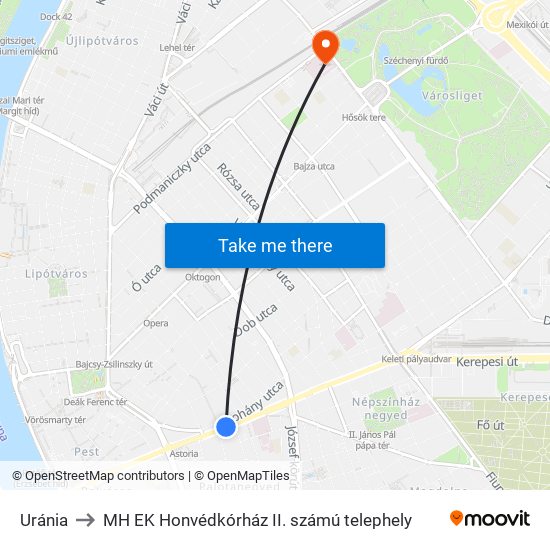 Uránia to MH EK Honvédkórház II. számú telephely map