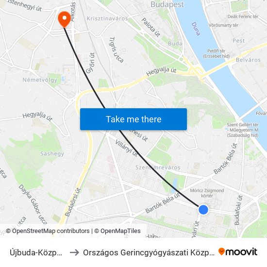 Újbuda-Központ to Országos Gerincgyógyászati Központ map