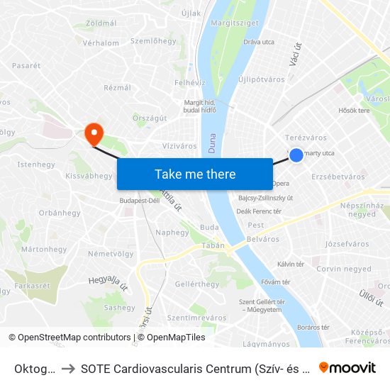 Oktogon M to SOTE Cardiovascularis Centrum (Szív- és Érsebészeti Központ) map