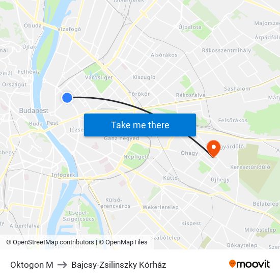 Oktogon M to Bajcsy-Zsilinszky Kórház map