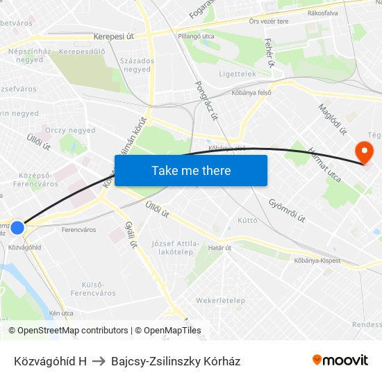 Közvágóhíd H to Bajcsy-Zsilinszky Kórház map