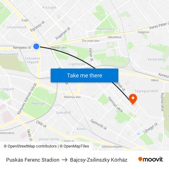 Puskás Ferenc Stadion to Bajcsy-Zsilinszky Kórház map